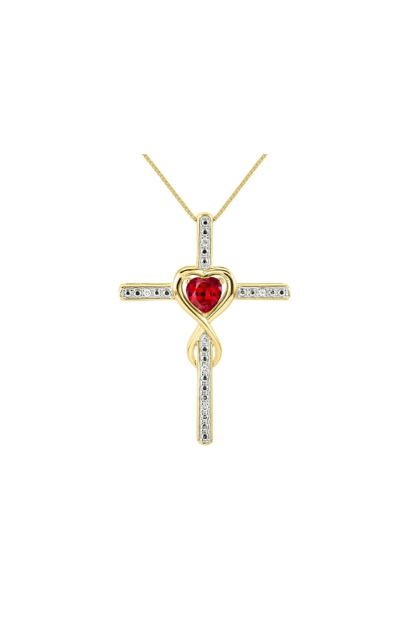 Necklace Yellow Gold Plated Silver 925 Cross Necklace Heart Shape Gemstone &  Diamonds With 18" Chain 6MM Ruby July Birthstone Womens Jewelry Silver Necklace