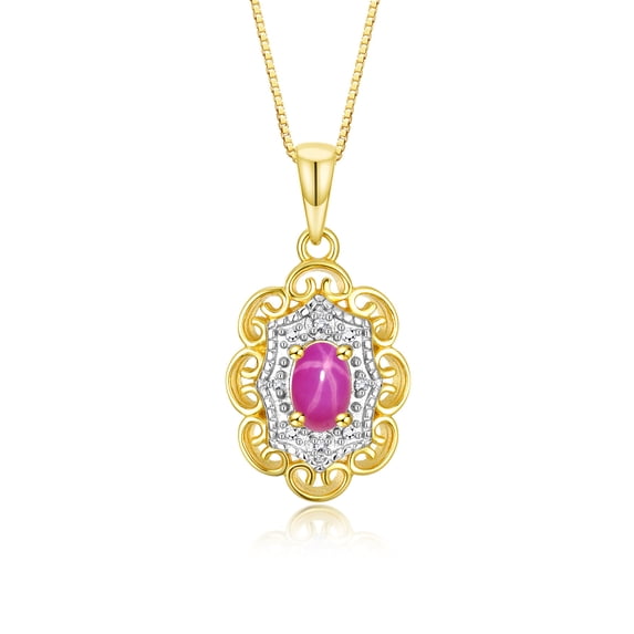 RYLOS Necklace Yellow Gold Plated Silver 925 Flower Necklace Gemstone & Diamonds Pendant 18" Chain 6X4MM Star Ruby July Birthstone Womens Jewelry Silver Necklace