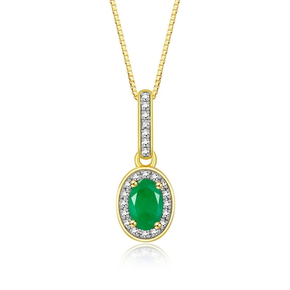 RYLOS Necklace Yellow Gold Plated Silver 925 Halo Designer Necklace with Gemstone & Diamonds with 18" Chain 6X4MM Emerald May Birthstone Womens Jewelry Silver Necklace