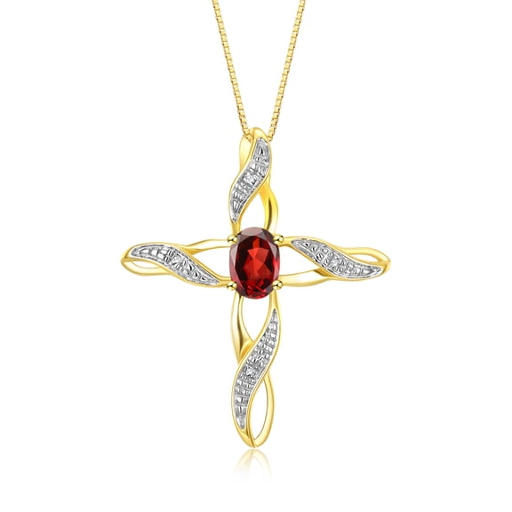 RYLOS Necklace Yellow Gold Plated Silver Cross Necklace with Gemstone & Diamonds Pendant with 18" Chain 7X5MM Garnet January Birthstone Womens Jewelry Silver Necklace For Women
