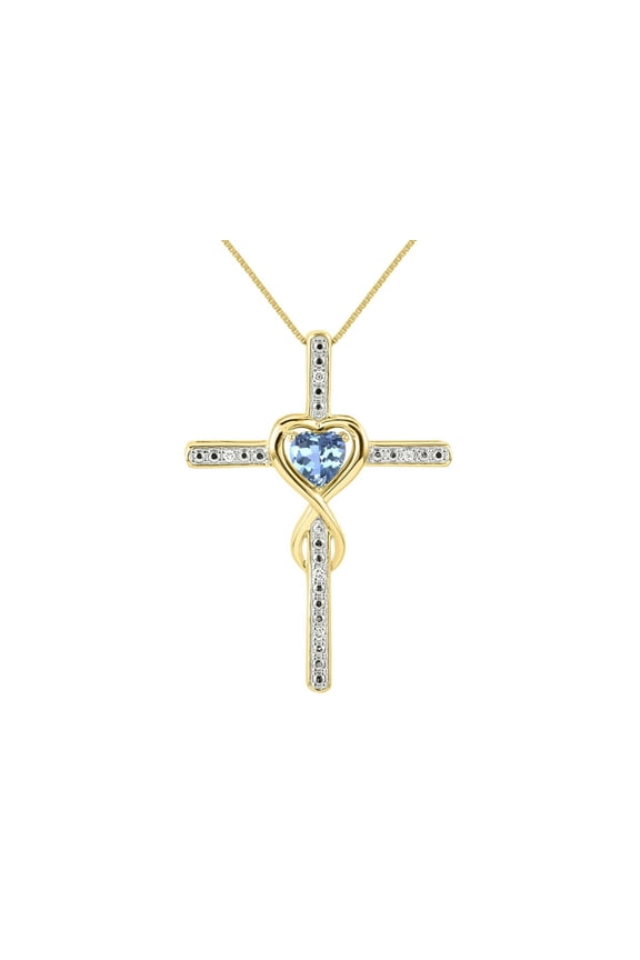 Necklace Yellow Gold Plated Silver Cross Necklace Heart Shape Gemstone & Diamonds 18" Chain 6MM Blue Topaz December Birthstone Womens Jewelry Silver Necklace
