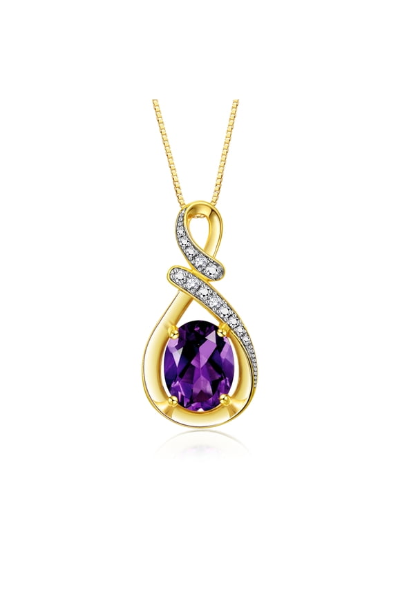 Necklace Yellow Gold Plated Silver Designer Necklace Gemstone & Diamonds Pendant 18" Chain 9X7MM Amethyst February Birthstone Womens Jewelry Silver Necklace