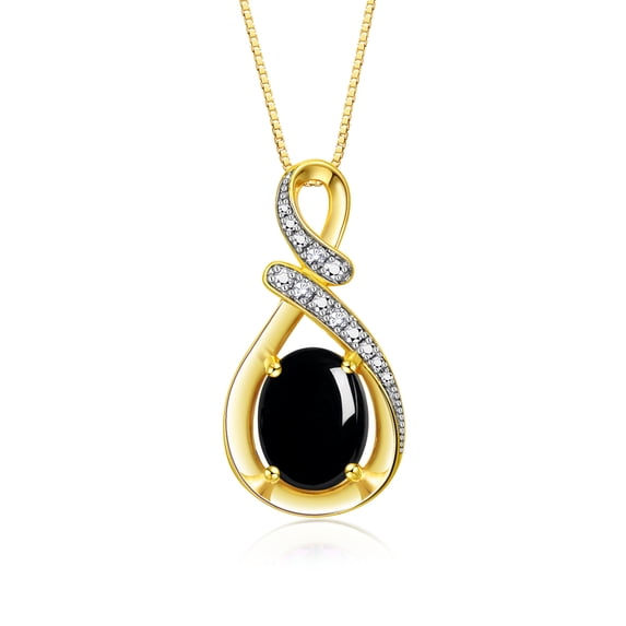 RYLOS Necklace Yellow Gold Plated Silver Designer Necklace Gemstone & Diamonds Pendant 18" Chain 9X7MM Cabochon Onyx October Birthstone Womens Jewelry Silver Necklace