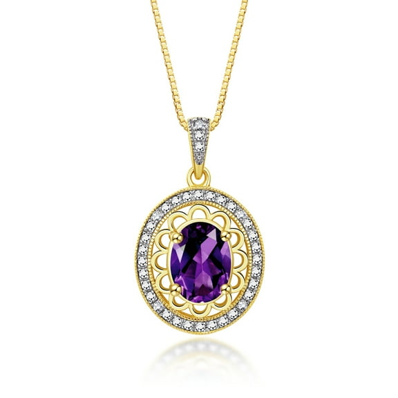 RYLOS Necklace Yellow Gold Plated Silver Halo Designer Necklace Gemstone & Diamonds Pendant 18" Chain 8X6MM Amethyst February Birthstone Womens Jewelry Silver Necklace