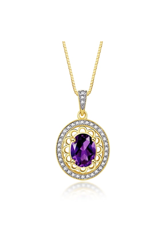 Necklace Yellow Gold Plated Silver Halo Designer Necklace Gemstone & Diamonds Pendant 18" Chain 8X6MM Amethyst February Birthstone Womens Jewelry Silver Necklace