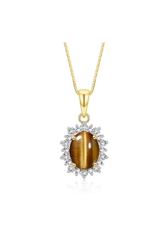 Necklaces for Women 14K Yellow Gold Princess Diana Inspired Necklace Gemstone & Genuine Diamonds Pendant 18" Chain 9X7MM Tiger Eye November Birthstone Womens Jewelry Gold Necklaces For Women