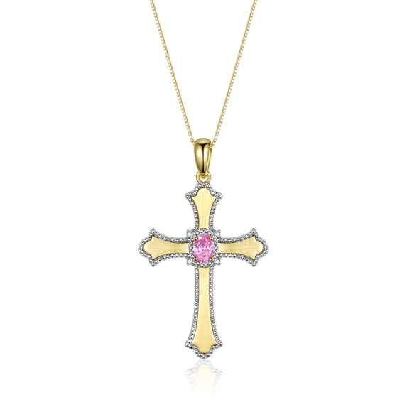 RYLOS Necklace Yellow Gold 14K Cross Necklace Gemstone & Diamonds Pendant With 18" Chain 6X4MM Pink Ice October Birthstone Womens Jewelry Gold Necklace