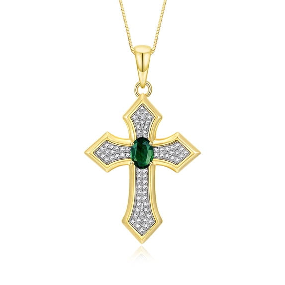 RYLOS 14K Yellow Gold Cross Necklace: Gemstone & Diamond Pendant - 7X5MM Birthstone - 18 Chain Green Sapphire September Birthstone Womens Jewelry Gold Necklaces For Women
