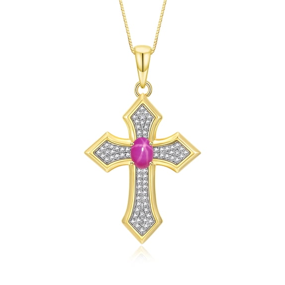 RYLOS 14K Yellow Gold Cross Necklace: Gemstone & Diamond Pendant - 7X5MM Birthstone - 18 Chain Star Ruby July Birthstone Womens Jewelry Gold Necklaces For Women