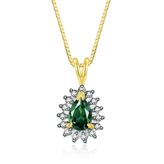 Rylos Yellow Gold Plated Silver Halo Pendant Necklace: 6X4MM Tear Drop / Pear Shape Green Sapphire & Sparkling Diamonds - 18" Chain Exquisite Birthstone Jewelry
