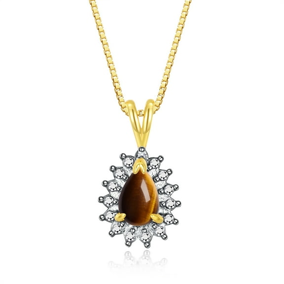 Rylos Yellow Gold Plated Silver Halo Pendant Necklace: 6X4MM Tear Drop / Pear Shape Tiger Eye & Sparkling Diamonds - 18" Chain Exquisite Birthstone Jewelry