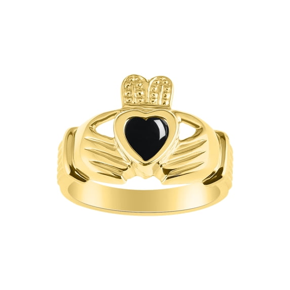 RYLOS Rings Gold Plated Silver Claddah Love, Loyalty & Friendship Heart 6MM Gem Irish Wedding Band Claddagh Rings Cabochon Onyx Jewelry Size 11