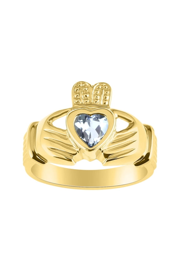 Rings Gold Plated Silver Claddah Love, Loyalty & Friendship Heart 6MM Gem Irish Wedding Band Claddagh Rings March Aquamarine Jewelry Size 10