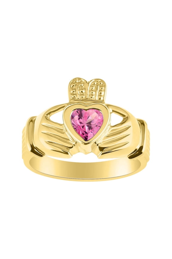 Rings Gold Plated Silver Claddah Love, Loyalty & Friendship Heart 6MM Gem Irish Wedding Band Claddagh Rings October Pink Ice Jewelry Size 6
