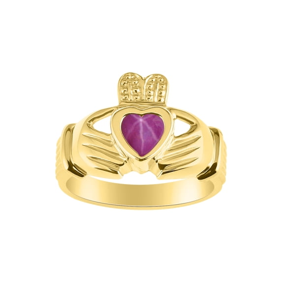 RYLOS Rings 14K Yellow Gold Claddah Love, Loyalty & Friendship Heart 6MM Gem Irish Wedding Band Claddagh Rings July Star Ruby Jewelry Size 5