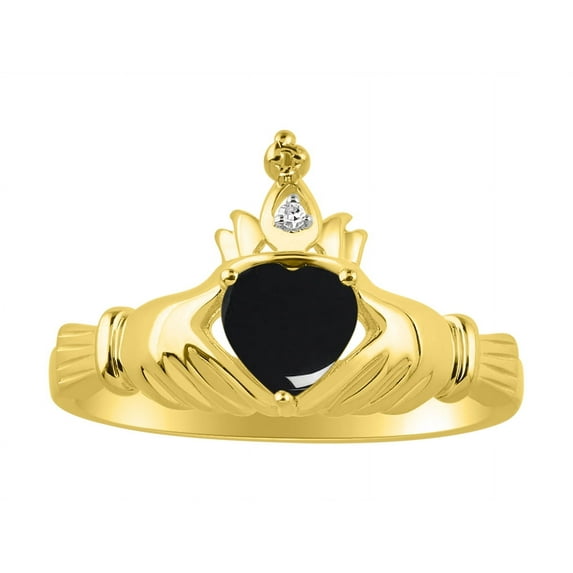 RYLOS Rings 14K Yellow Gold Claddah Love, Loyalty & Friendship Ring Heart 6MM Gemstone & Diamond Claddagh Rings October Cabochon Onyx Jewelry Size 10
