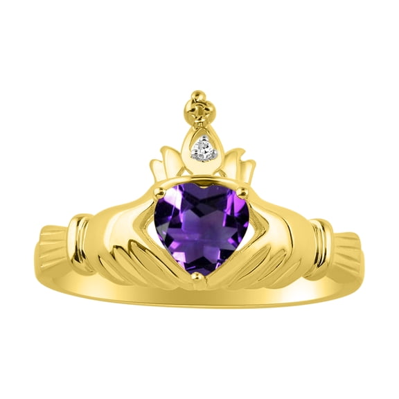 RYLOS Rings 14K Gold Plated Silver Claddah Love, Loyalty & Friendship Ring Heart 6MM Gemstone & Diamond Claddagh Rings February Amethyst Jewelry Size 5