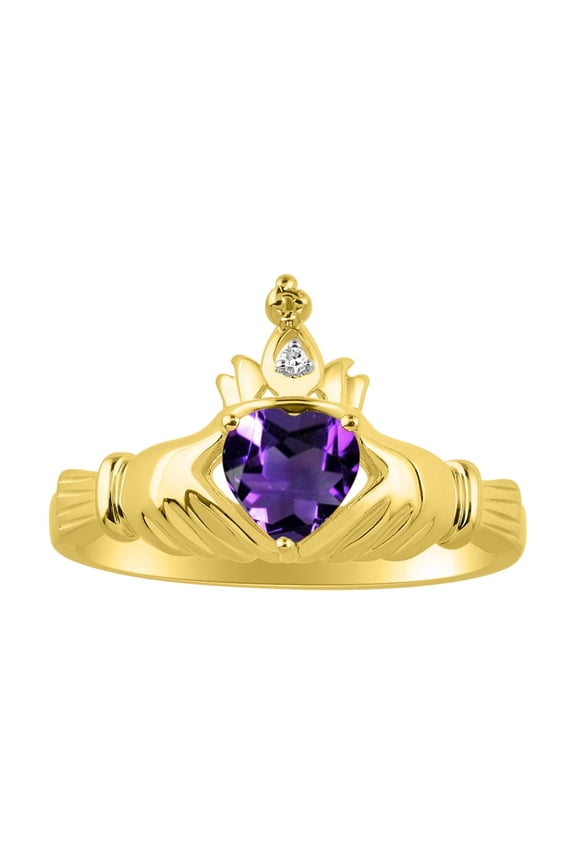 Rings 14K Gold Plated Silver Claddah Love, Loyalty & Friendship Ring Heart 6MM Gemstone & Diamond Claddagh Rings February Amethyst Jewelry Size 8