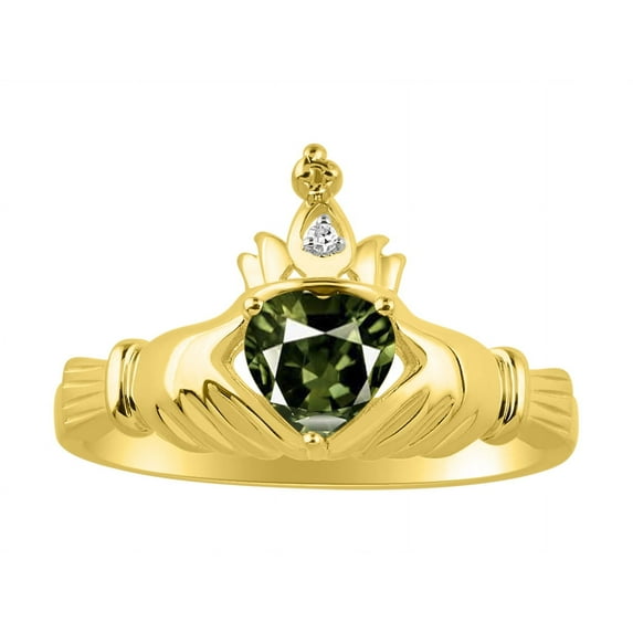RYLOS Rings 14K Gold Plated Silver Claddah Love, Loyalty & Friendship Ring Heart 6MM Gemstone & Diamond Claddagh Rings Green Sapphire Jewelry Size 5