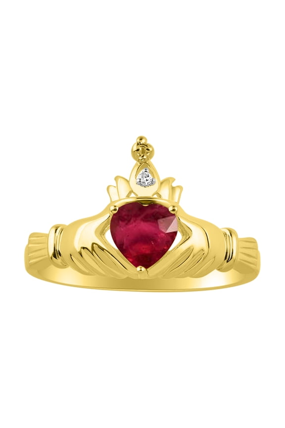 Rings 14K Gold Plated Silver Claddah Love, Loyalty & Friendship Ring Heart 6MM Gemstone & Diamond Claddagh Rings July Ruby Jewelry Size 5