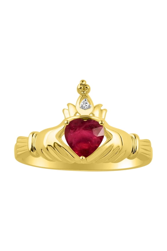 Rings 14K Yellow Gold Claddah Love, Loyalty & Friendship Ring Heart 6MM Gemstone & Diamond Claddagh Rings July Ruby Jewelry Size 7