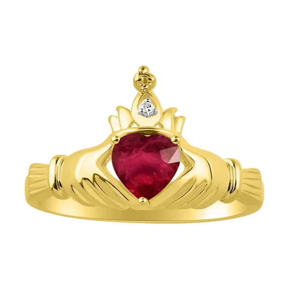 RYLOS Rings 14K Gold Plated Silver Claddah Love, Loyalty & Friendship Ring Heart 6MM Gemstone & Diamond Claddagh Rings July Ruby Jewelry Size 8