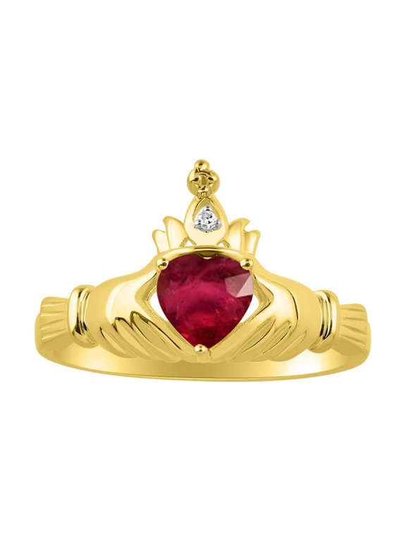 Rings 14K Gold Plated Silver Claddah Love, Loyalty & Friendship Ring Heart 6MM Gemstone & Diamond Claddagh Rings July Ruby Jewelry Size 8