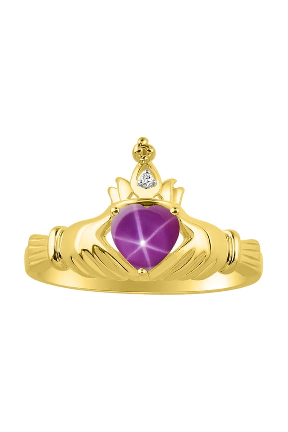 Rings 14K Gold Plated Silver Claddah Love, Loyalty & Friendship Ring Heart 6MM Gemstone & Diamond Claddagh Rings July Star Ruby Jewelry Size 13
