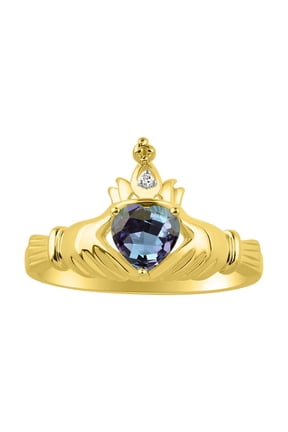 Rings 14K Gold Plated Silver Claddah Love, Loyalty & Friendship Ring Heart 6MM Gemstone & Diamond Claddagh Rings June Alexandrite Jewelry Size 10