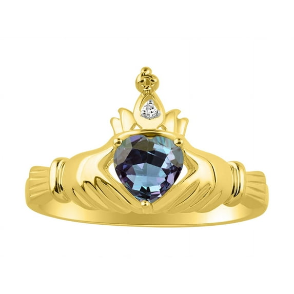RYLOS Rings 14K Gold Plated Silver Claddah Love, Loyalty & Friendship Ring Heart 6MM Gemstone & Diamond Claddagh Rings June Alexandrite Jewelry Size 10