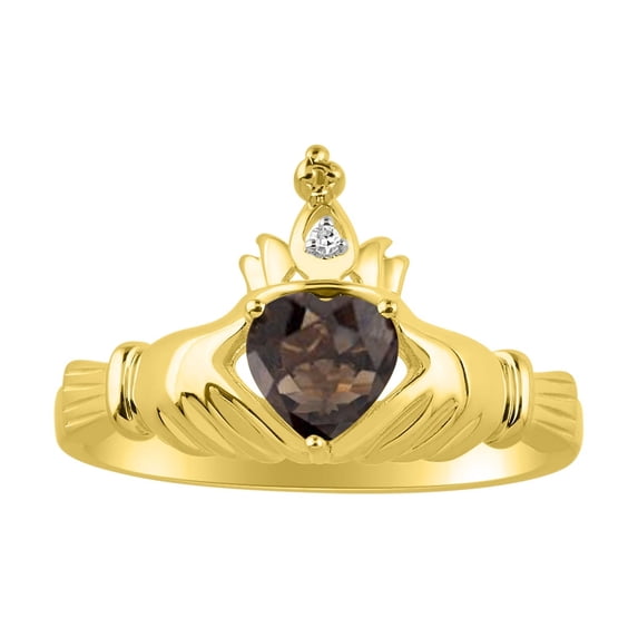 RYLOS Rings 14K Gold Plated Silver Claddah Love, Loyalty & Friendship Ring Heart 6MM Gemstone & Diamond Claddagh Rings June Smoky Quartz Jewelry Size 11