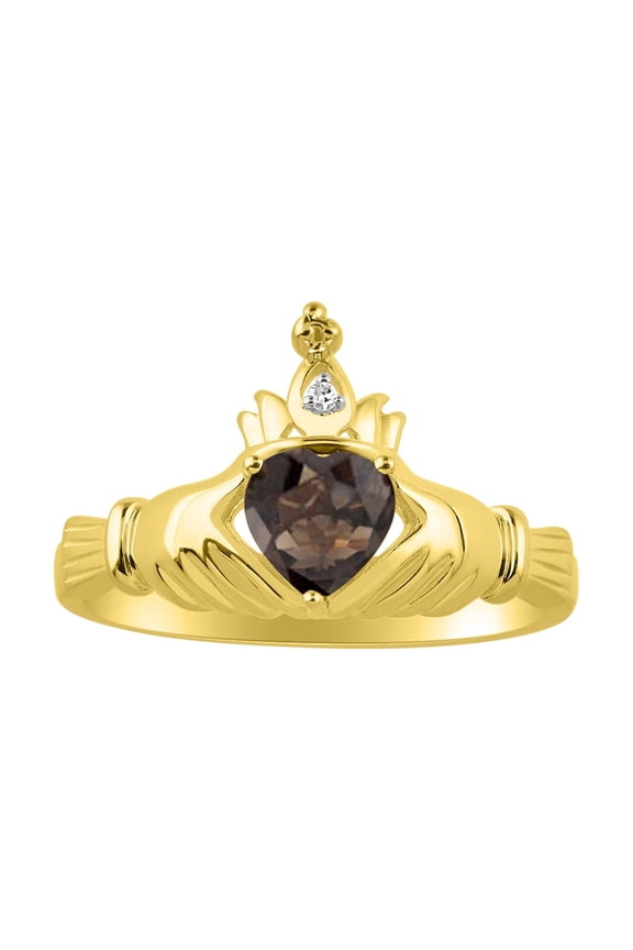 Rings 14K Gold Plated Silver Claddah Love, Loyalty & Friendship Ring Heart 6MM Gemstone & Diamond Claddagh Rings June Smoky Quartz Jewelry Size 13