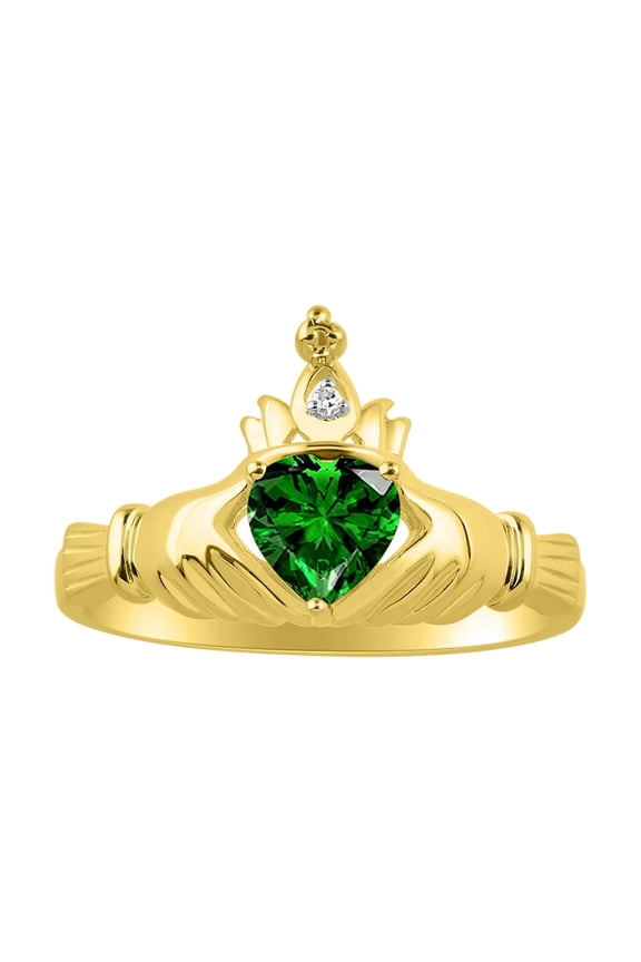 Rings 14K Gold Plated Silver Claddah Love, Loyalty & Friendship Ring Heart 6MM Gemstone & Diamond Claddagh Rings May Emerald Jewelry Size 12