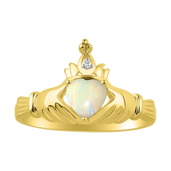 RYLOS Rings 14K Gold Plated Silver Claddah Love, Loyalty & Friendship Ring Heart 6MM Gemstone & Diamond Claddagh Rings October Opal Jewelry Size 7