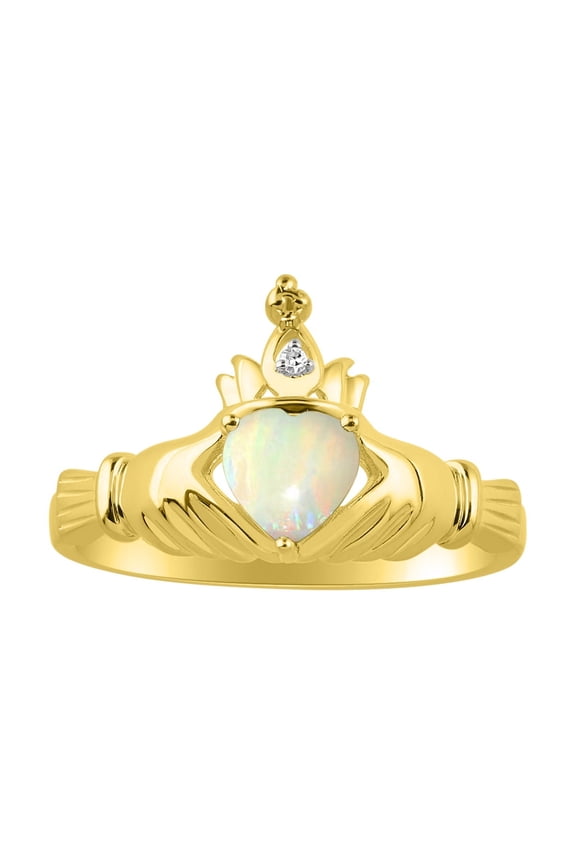 Rings 14K Gold Plated Silver Claddah Love, Loyalty & Friendship Ring Heart 6MM Gemstone & Diamond Claddagh Rings Opal African Jewelry Size 9