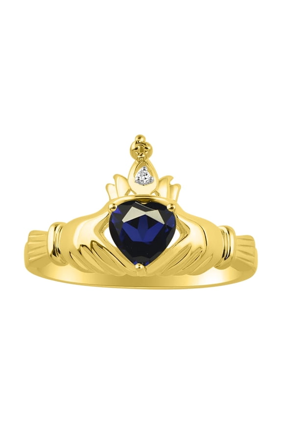 Rings 14K Gold Plated Silver Claddah Love, Loyalty & Friendship Ring Heart 6MM Gemstone & Diamond Claddagh Rings September Sapphire Jewelry Size 9