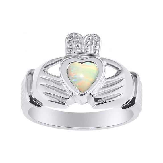 RYLOS Rings 14K White Gold Claddah Love, Loyalty & Friendship Heart 6MM Gem Irish Wedding Band Claddagh Rings Exotic Opal African Jewelry Size 13