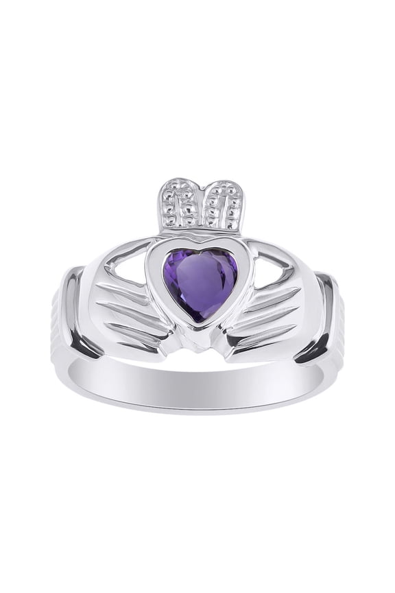 Rings 14K White Gold Claddah Love, Loyalty & Friendship Heart 6MM Gem Irish Wedding Band Claddagh Rings February Amethyst Jewelry Size 9