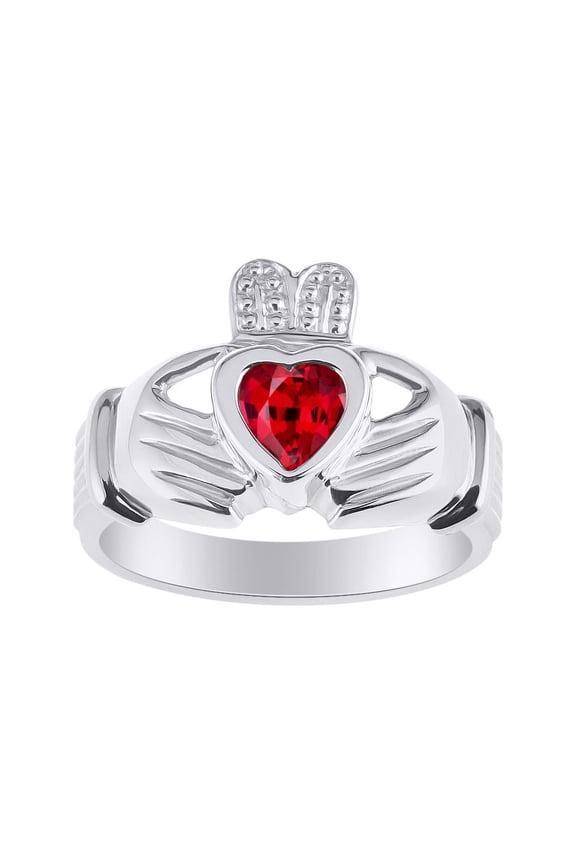 Rings 14K White Gold Claddah Love, Loyalty & Friendship Heart 6MM Gem Irish Wedding Band Claddagh Rings July Ruby Jewelry Size 5