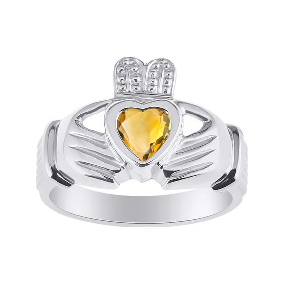 RYLOS Rings 14K White Gold Claddah Love, Loyalty & Friendship Heart 6MM Gem Irish Wedding Band Claddagh Rings November Citrine Jewelry Size 7