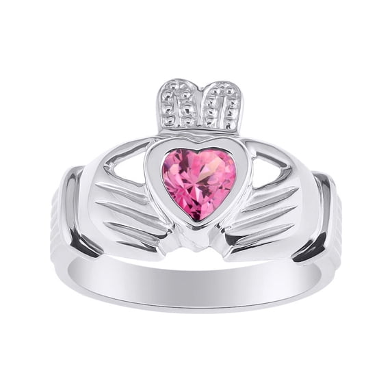 RYLOS Rings 14K White Gold Claddah Love, Loyalty & Friendship Heart 6MM Gem Irish Wedding Band Claddagh Rings October Pink Ice Jewelry Size 11