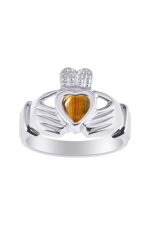 Rings 14K White Gold Claddah Love, Loyalty & Friendship Heart 6MM Gem Irish Wedding Band Claddagh Rings Tiger Eye Jewelry Size 13