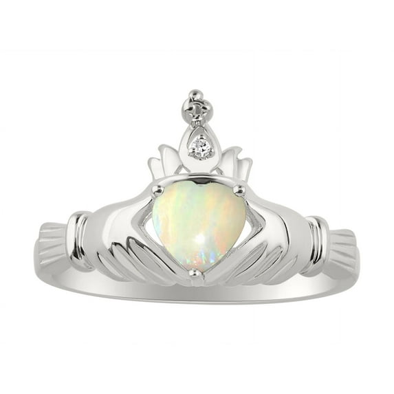 RYLOS Rings 14K White Gold Claddah Love, Loyalty & Friendship Ring Heart 6MM Gemstone & Diamond Claddagh Rings Exotic Opal African Jewelry Size 11