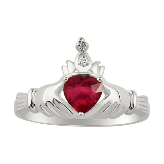 RYLOS Rings 14K White Gold Claddah Love, Loyalty & Friendship Ring Heart 6MM Gemstone & Diamond Claddagh Rings July Ruby Jewelry Size 10