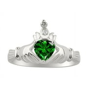 RYLOS Rings Sterling Silver Claddah Love, Loyalty & Friendship Ring Heart 6MM Gemstone & Diamond Claddagh Rings May Emerald Jewelry Size 11