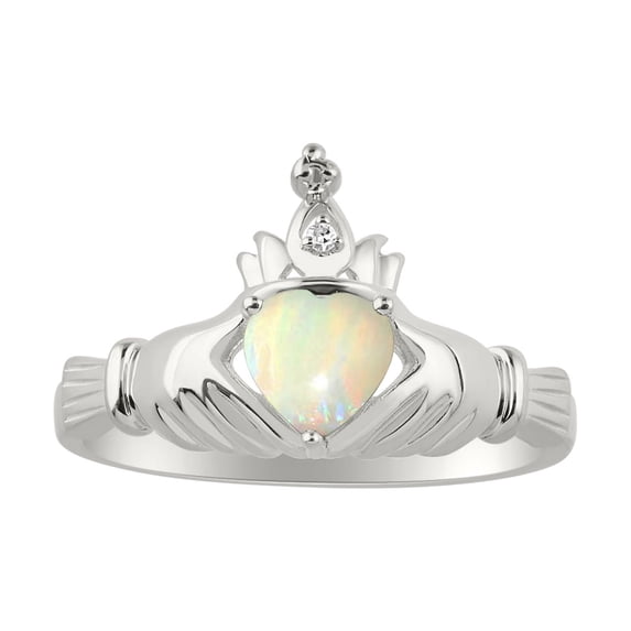 RYLOS Rings 14K White Gold Claddah Love, Loyalty & Friendship Ring Heart 6MM Gemstone & Diamond Claddagh Rings October Opal Jewelry Size 13