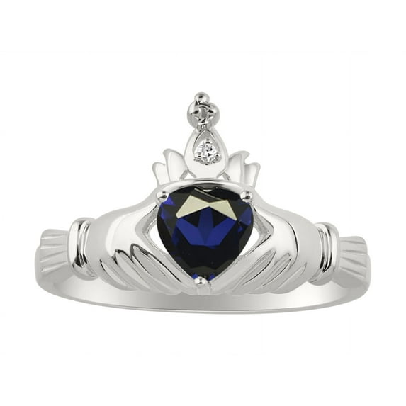 RYLOS Rings 14K White Gold Claddah Love, Loyalty & Friendship Ring Heart 6MM Gemstone & Diamond Claddagh Rings September Sapphire Jewelry Size 6