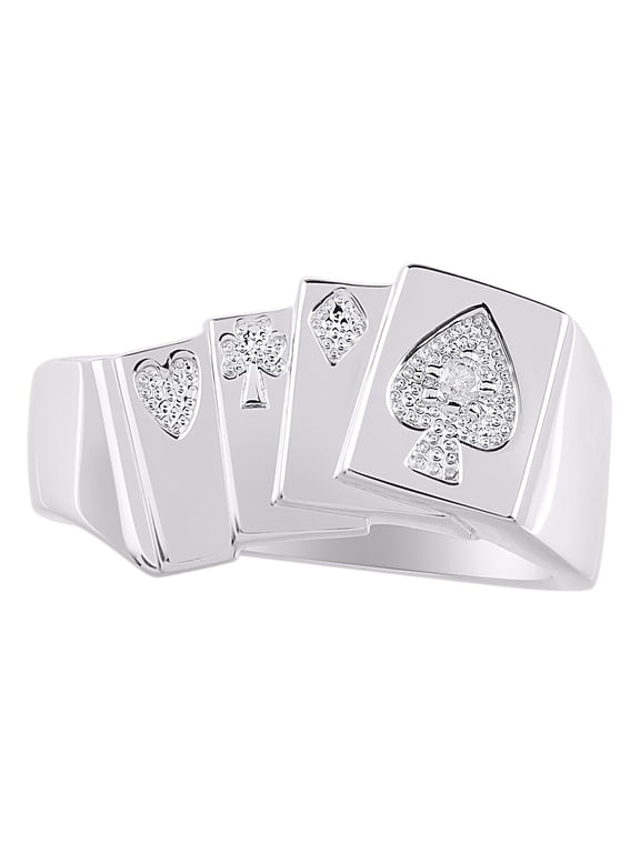 Rings 14K White Gold Designer 4 of a Kind Aces; Lucky Poker Royal Flush Ring with Diamonds – Jewelry Gold Rings Size 10