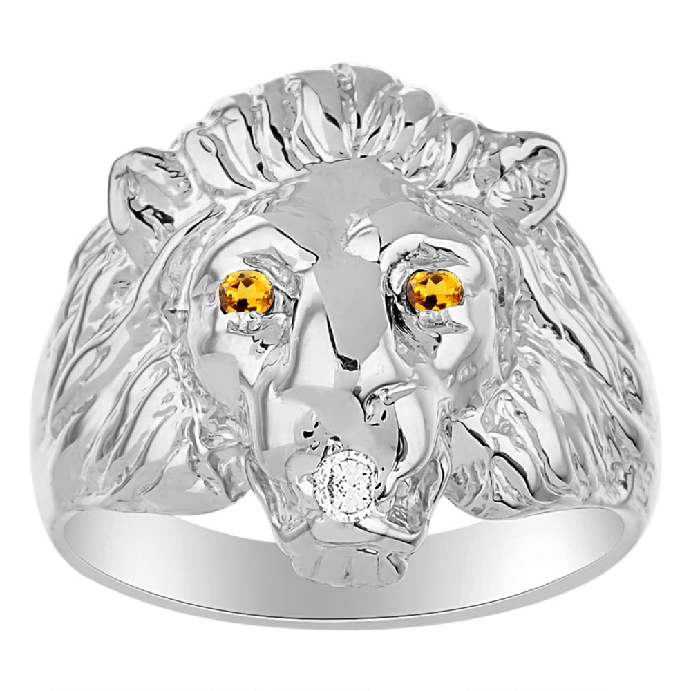 RYLOS Rings 14K White Gold Lion Head Ring Genuine Diamond in Mouth