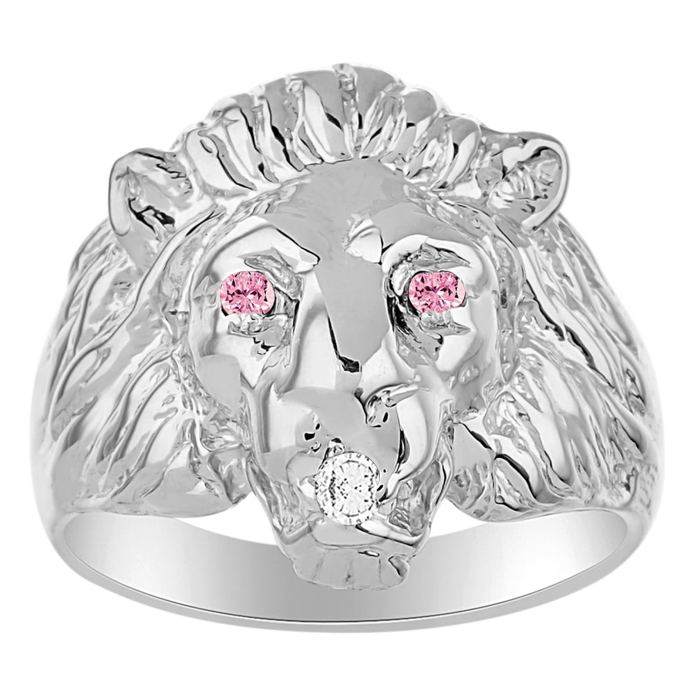 RYLOS Rings 14K White Gold Lion Head Ring Genuine Diamond in Mouth